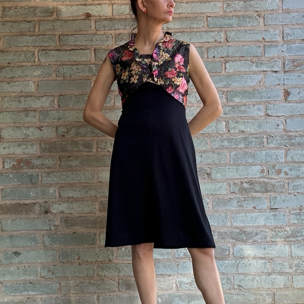 Vintage Cocktail Dress 60s 70s Lurex Floral Fit Flare A-line Sleeveless Midi - Picture 6 of 15